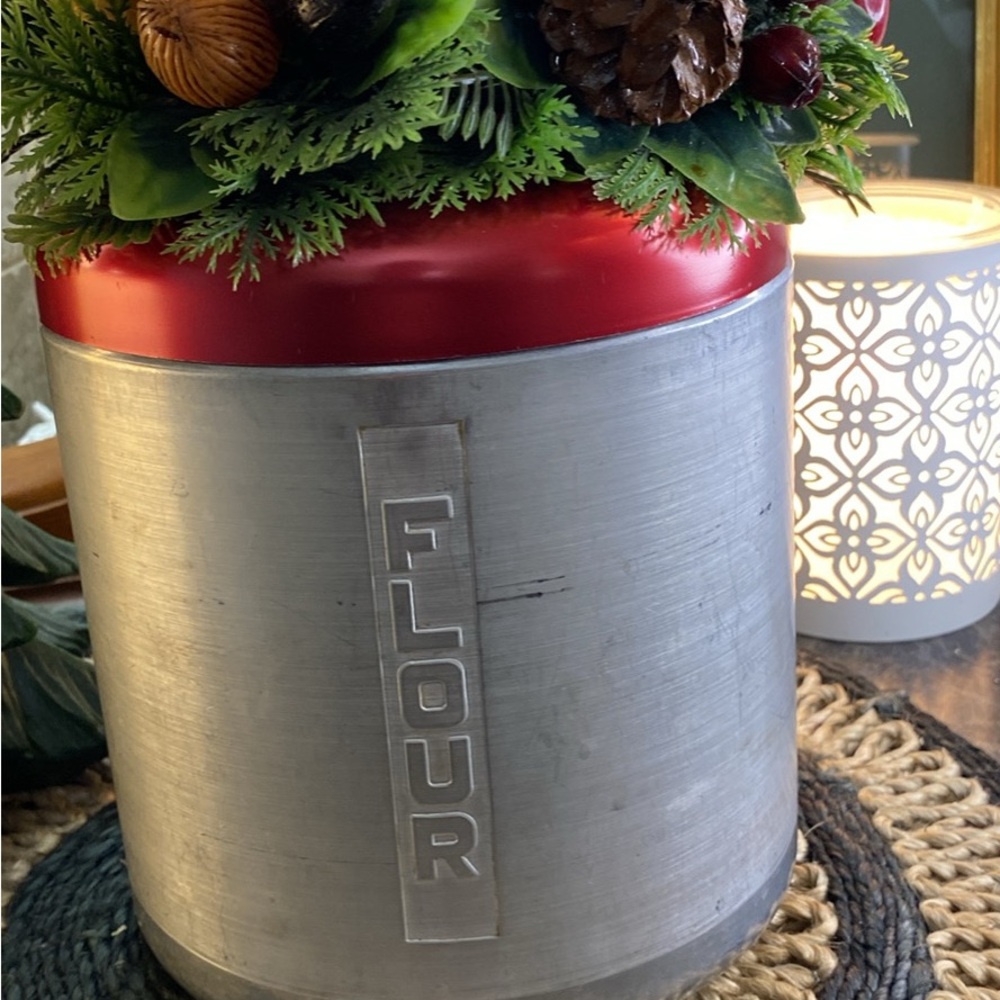 Vintage Red and Silver Flour Canister